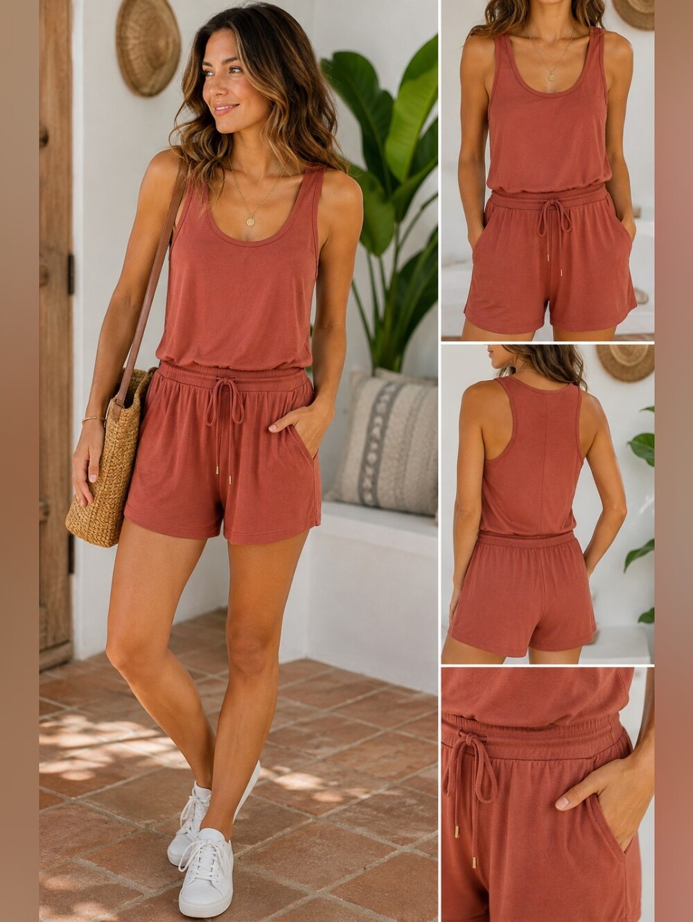 Athleta TENCEL Modal Romper XS Rust Terracotta Drawstring Pockets